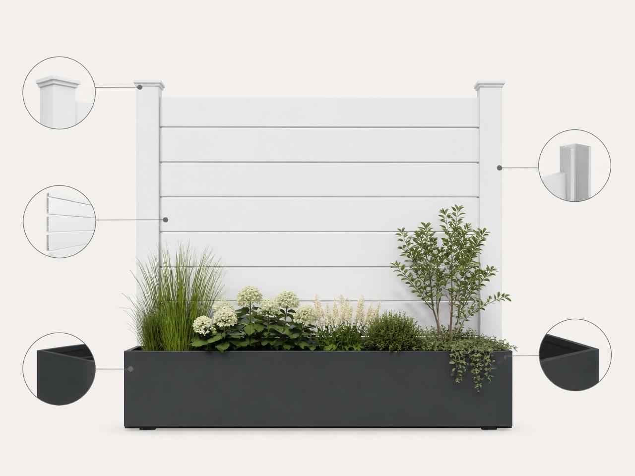 NOPE Fence product diagram — vinyl privacy panel above charcoal planter base